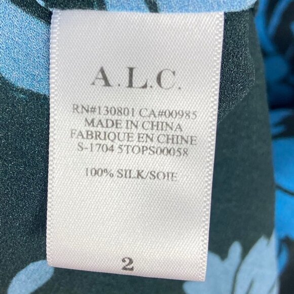 ALC 100% Silk Josephine Blue Floral Print Short Sleeve Top Size 2 Off Shoulder - Picture 6 of 10